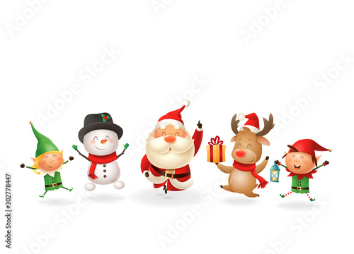 Christmas Friends Elves Santa Snowman and Reindeer celebrate holidays - jumping singing dancing - vector illustration isolated on transparent background