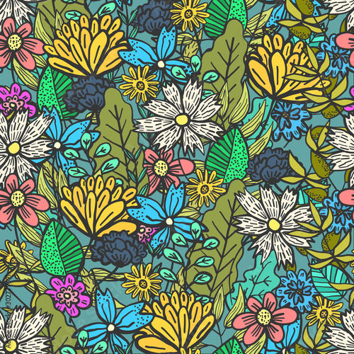 Bright green doodle floral seamless pattern with mess of color flowers and leaves. Childish summer texture with blossoms and herbs bouquet for textile, wrapping paper, background, surface, wallpaper