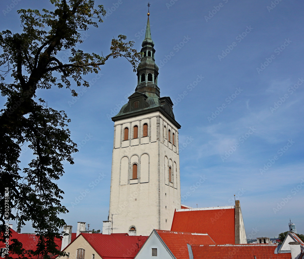 Tallinn white tower on blue sky old city travel historical building high up on red roofs 