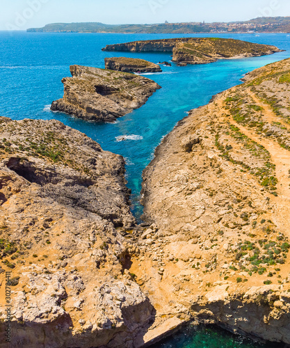 Aerial view of Comino island. Drone landscape. Europe. Malta 