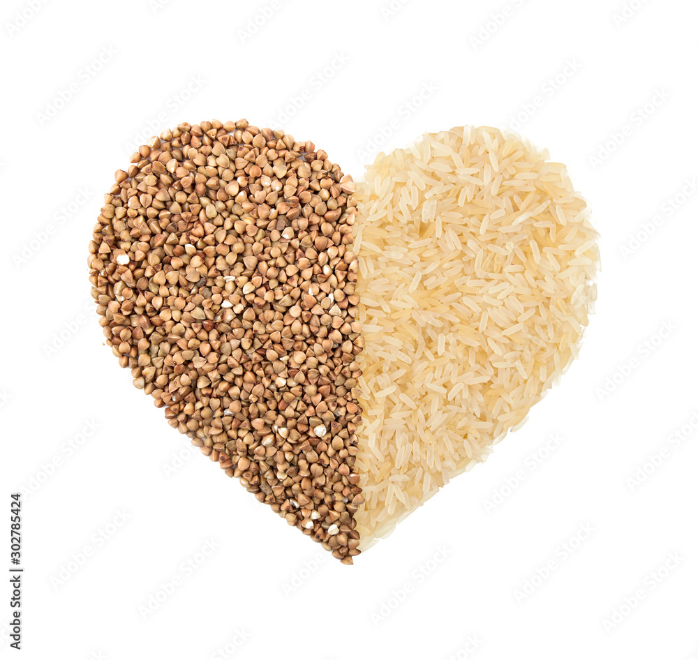 Rice and buckwheat in the form of a heart isolated on a white background Rice and buckwheat in the form of a heart isolated on a white background
