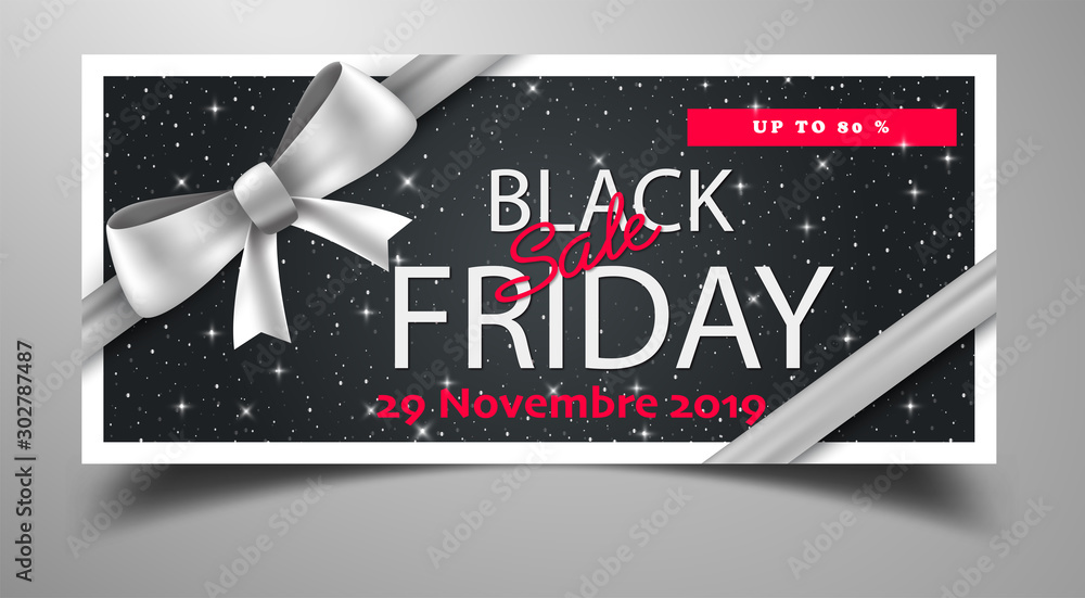 Carte cadeau Black Friday fond noir bord blanc écriture blanche avec  étoiles et noeud - Sale up to 80% Stock Illustration | Adobe Stock