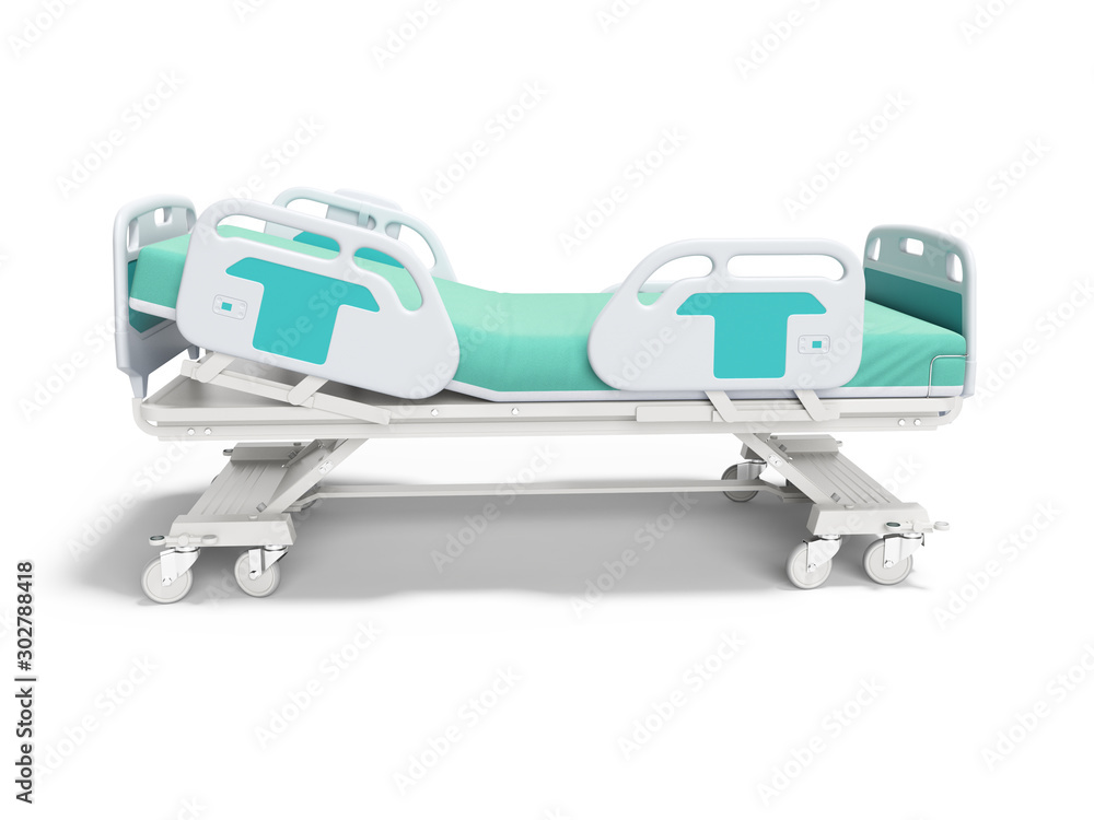 Turquoise hospital bed with lifting mechanism on an autonomous control  panel right side view 3D render on white background with shadow Stock  Illustration | Adobe Stock