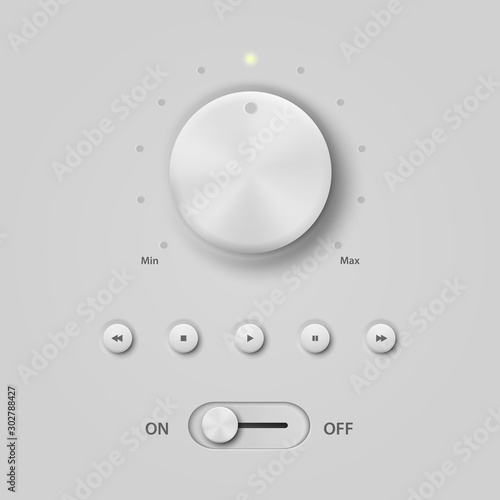 Realistic White Plastic Panel Media Audio Player with Knob, Control, Buttons, Set. Design Template of Circular Processing, Power Volume Playback, On and Off, Start, Power Push-Button. Stock Vector