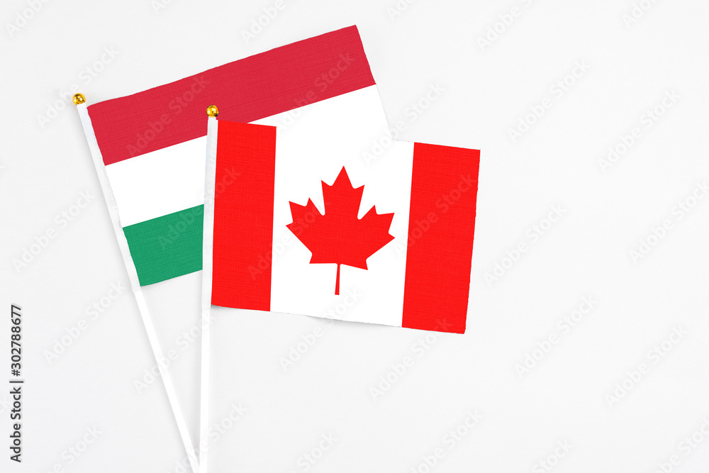 Canada and Hungary stick flags on white background. High quality fabric, miniature national flag. Peaceful global concept.White floor for copy space. Canada and Hungary stick flags on white background. High quality fabric, miniature national flag. Peaceful global concept.White floor for copy space.