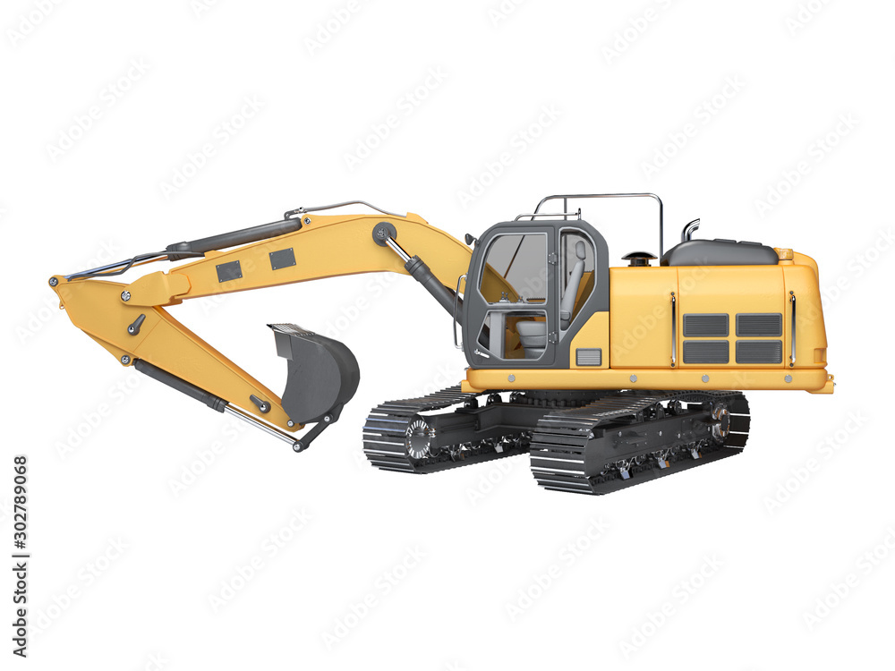 Construction machinery orange excavator with folded hydraulic shovel 3d rendering on white background no shadow Construction machinery orange excavator with folded hydraulic shovel 3d rendering on white background no shadow