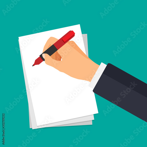 Vector hand with pen writing on a paper. Businessman signs document. The hand holds a pen in a 3d style. Business financial agreement concept.