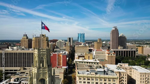 4K San Antonio Skyline Dolly Left Drone Texas Flag Texas Exterior