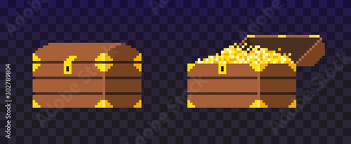 Open and closed Pixel treasure chest. Chest filled with coins for video game. Shine gold money. Wealth. Vector illustration isolated on dark background.	