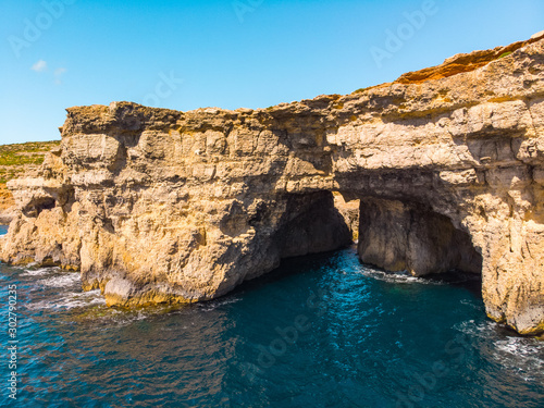 Big Cave in Comino island. Drone landscape. Malta country