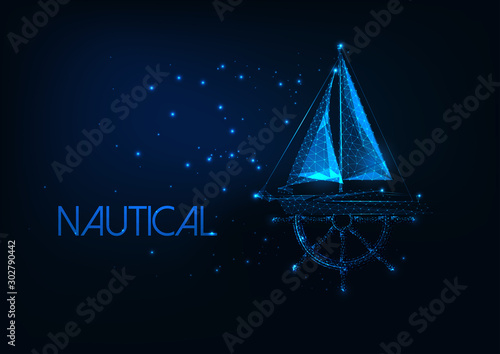 Futuristic nautical concept with glowing low poly yacht boat and ship wheel on dark blue background.