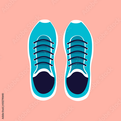 Sneakers top view in flat style. Sport shoes icon. Running shoes pair. Vector illustration isolated on pink background. 