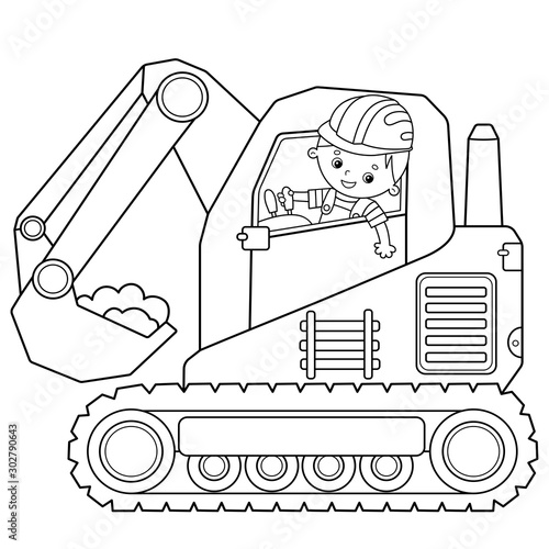 Coloring Page Outline Of cartoon crawler excavator. Construction vehicles. Coloring book for kids.