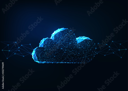 Futuristic glowing low polygonal cloud computing technologies concept on dark blue background.