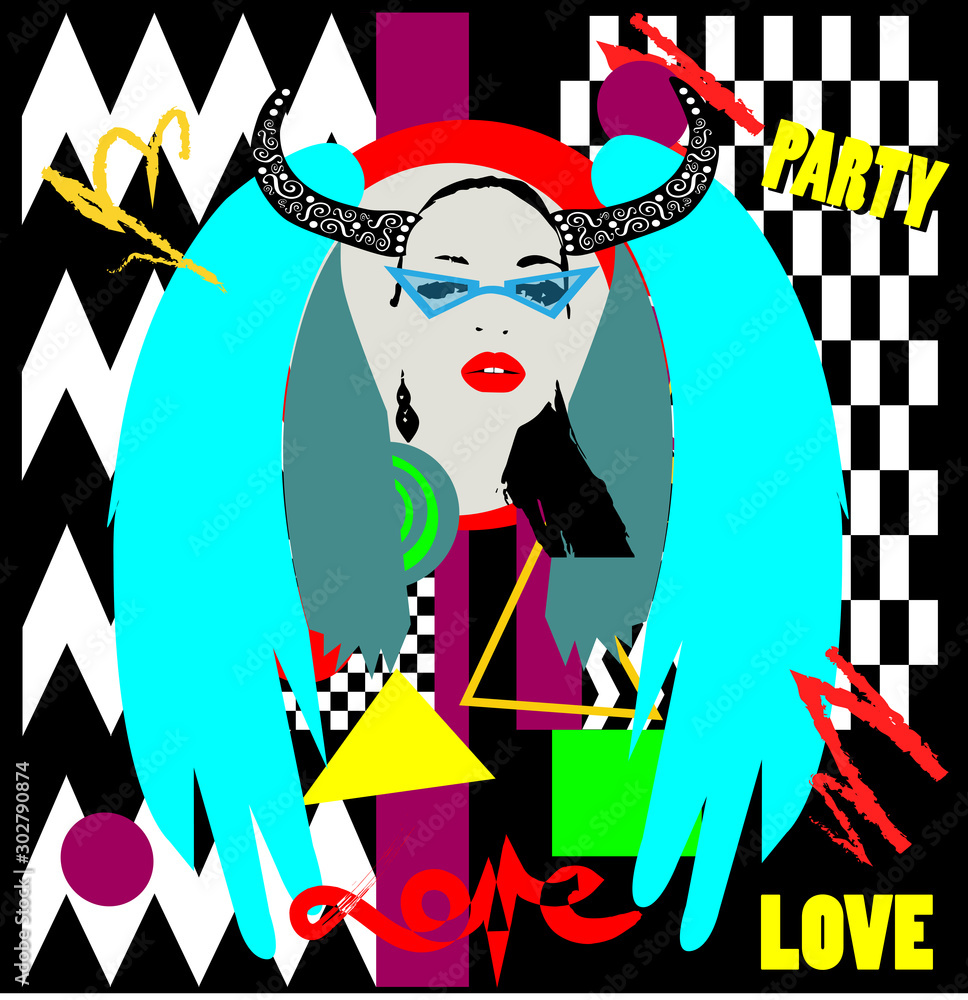 Demon angel pop art background with signs love and party Stock-Vektorgrafik  | Adobe Stock
