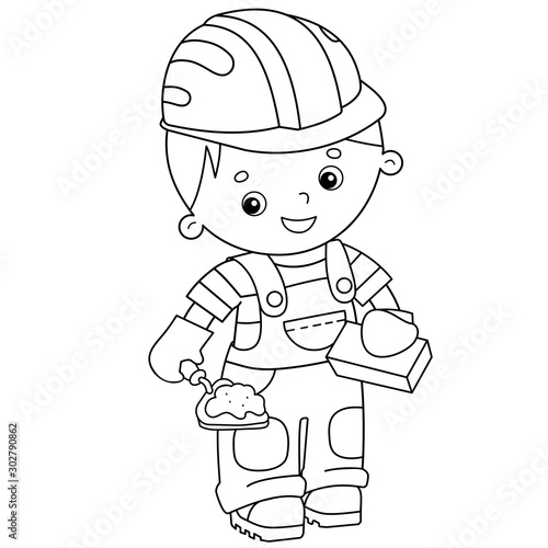 Coloring Page Outline of cartoon builder with handcart. Profession. Coloring book for kids.