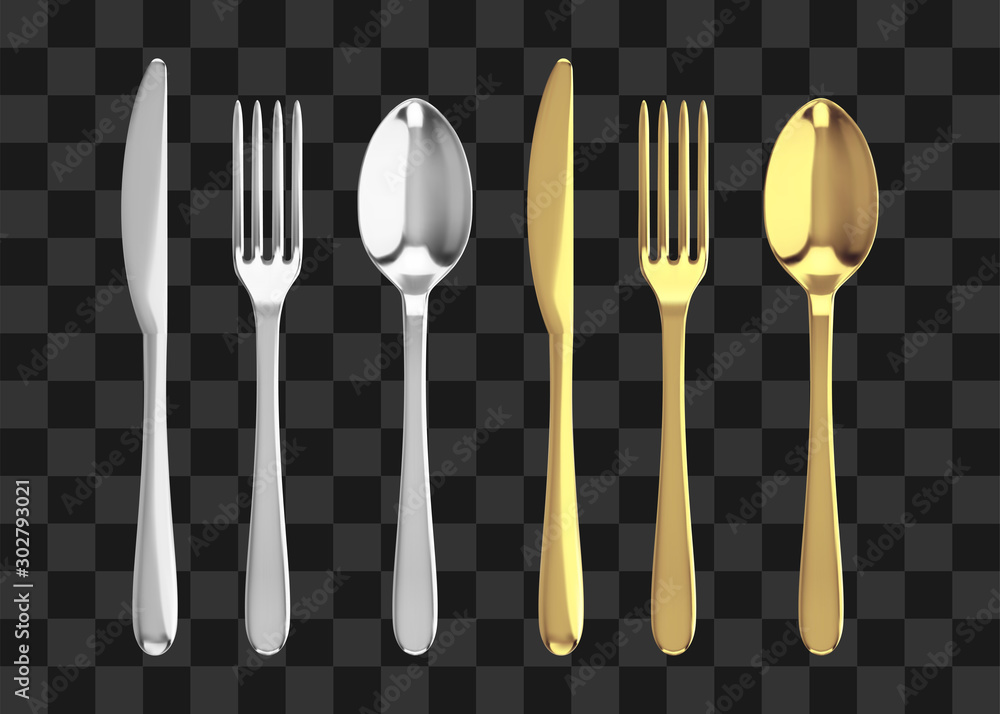 Golden and silver fork, knife and spoon. Realistic vector cutlery illustration. - obrazy, fototapety, plakaty 