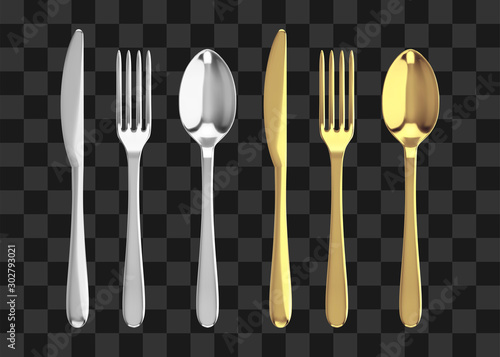 Golden and silver fork, knife and spoon. Realistic vector cutlery illustration. photo