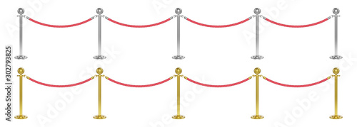 Realistic velvet rope barrier with golden and silver poles. Isolated fences vector illustration.