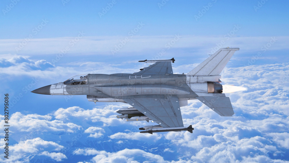 Fighter jet plane in flight, military aircraft, army airplane flying in sky with clouds, side view, 3D rendering