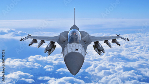 Fighter jet plane in flight, military aircraft, army airplane flying in sky with clouds, front top view, 3D rendering photo
