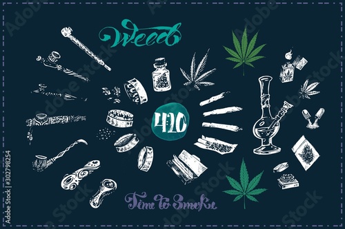Pipes, bong and joint for medical marijuana smoking, cannabis leaves grinder. Calligraphy - time to smoke weed isolated on black chalk background. Vector illustrations set