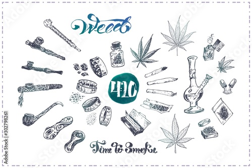 Pipes, bong and joint for medical marijuana smoking, cannabis leaves grinder. Calligraphy - time to smoke weed isolated on black chalk background. Vector illustrations set photo
