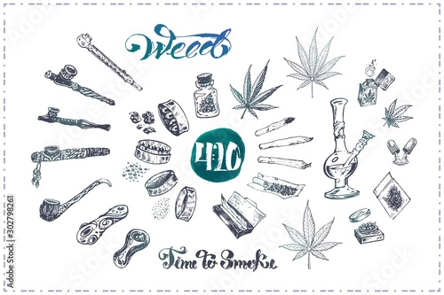 Pipes, bong and joint for medical marijuana smoking, cannabis leaves grinder. Calligraphy - time to smoke weed isolated on black chalk background. Vector illustrations set