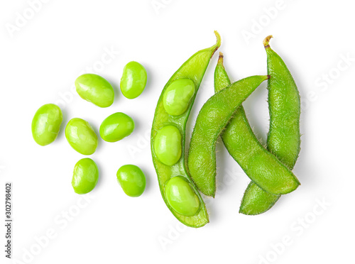 Green soy beans on white background top view.