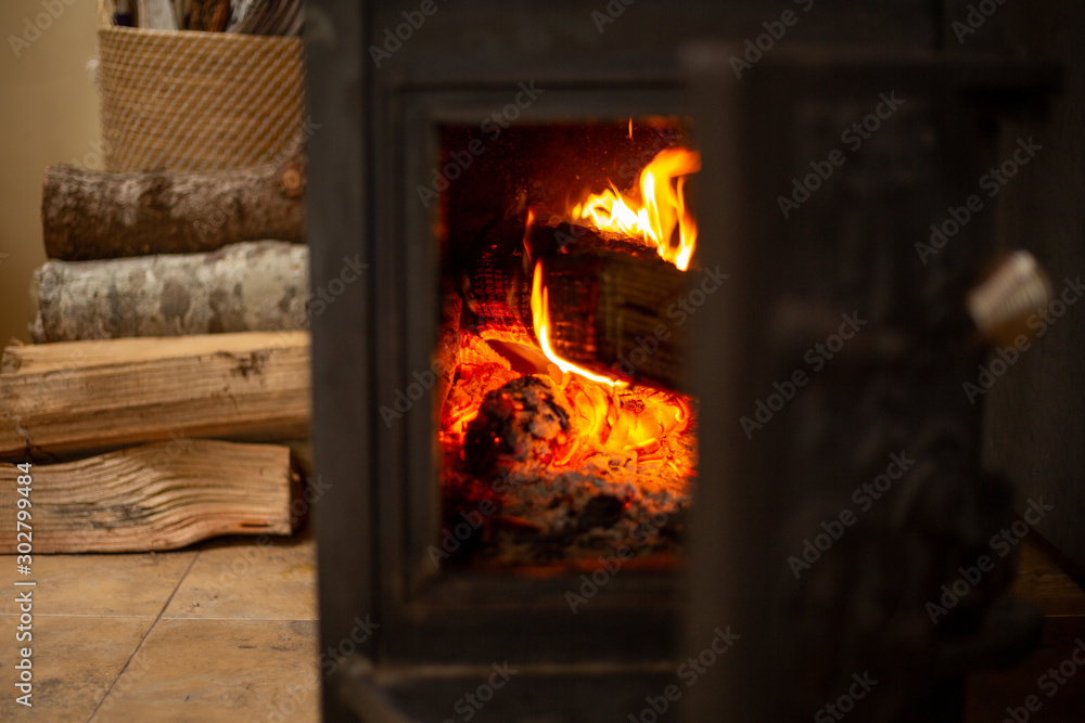 Fire flames in cottage stove