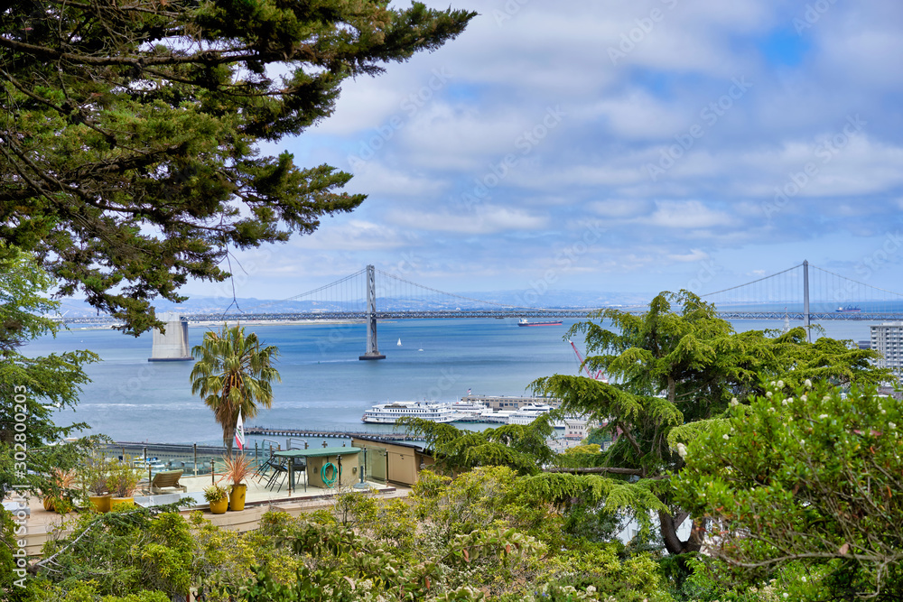 San Francisco, CA, USA - May 15, 2018: View of the suspension bridge over the San Francisco Bay in California between the cities of San Francisco and Auckland