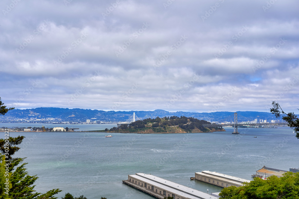 San Francisco, CA, USA - May 15, 2018: View of the suspension bridge over the San Francisco Bay in California between the cities of San Francisco and Auckland
