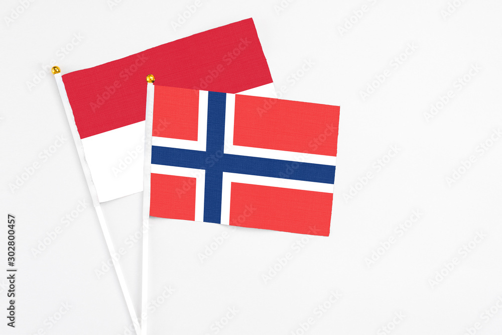 Norway and Indonesia stick flags on white background. High quality fabric, miniature national flag. Peaceful global concept.White floor for copy space.