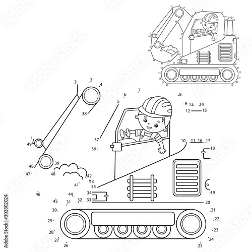 Puzzle Game for kids: numbers game. Crawler excavator. Construction vehicles. Coloring book for kids.