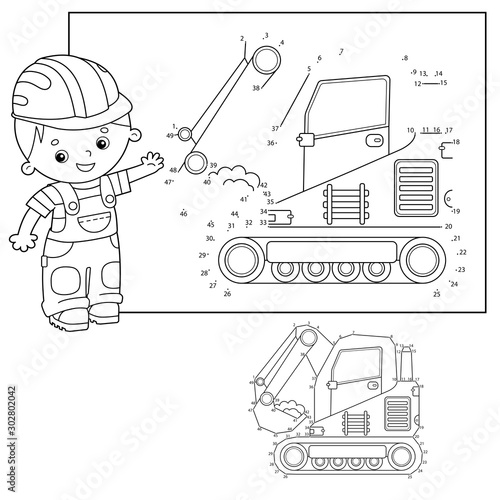 Puzzle Game for kids: numbers game. Crawler excavator. Construction vehicles. Coloring book for kids.