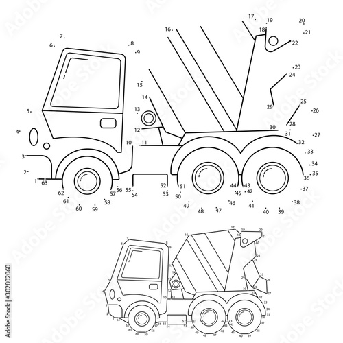Puzzle Game for kids: numbers game. Concrete mixer. Construction vehicles. Coloring book for kids.