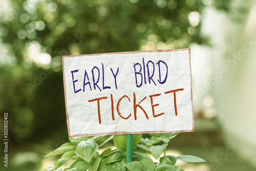 Conceptual hand writing showing Early Bird Ticket. Concept meaning Buying a ticket before it go out for sale in regular price Plain paper attached to stick and placed in the grassy land © Artur