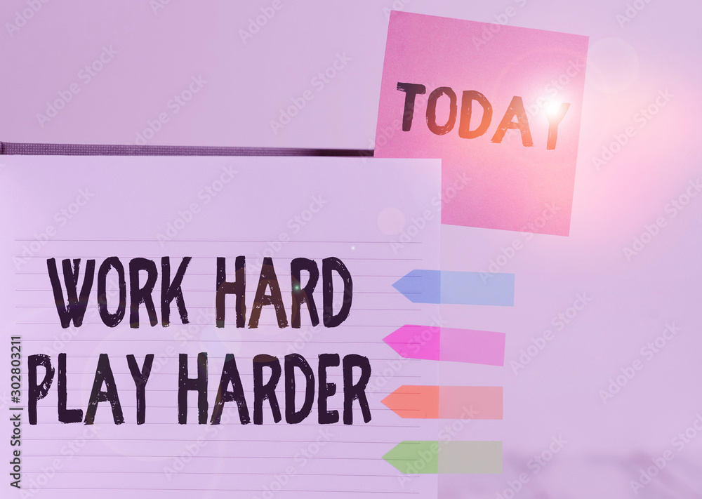 Word writing text Work Hard Play Harder. Business photo showcasing a Balance Life Have a Break Destressing to Relax Hard cover note book sticky note arrow banners inserted clear background Word writing text Work Hard Play Harder. Business photo showcasing a Balance Life Have a Break Destressing to Relax Hard cover note book sticky note arrow banners inserted clear background