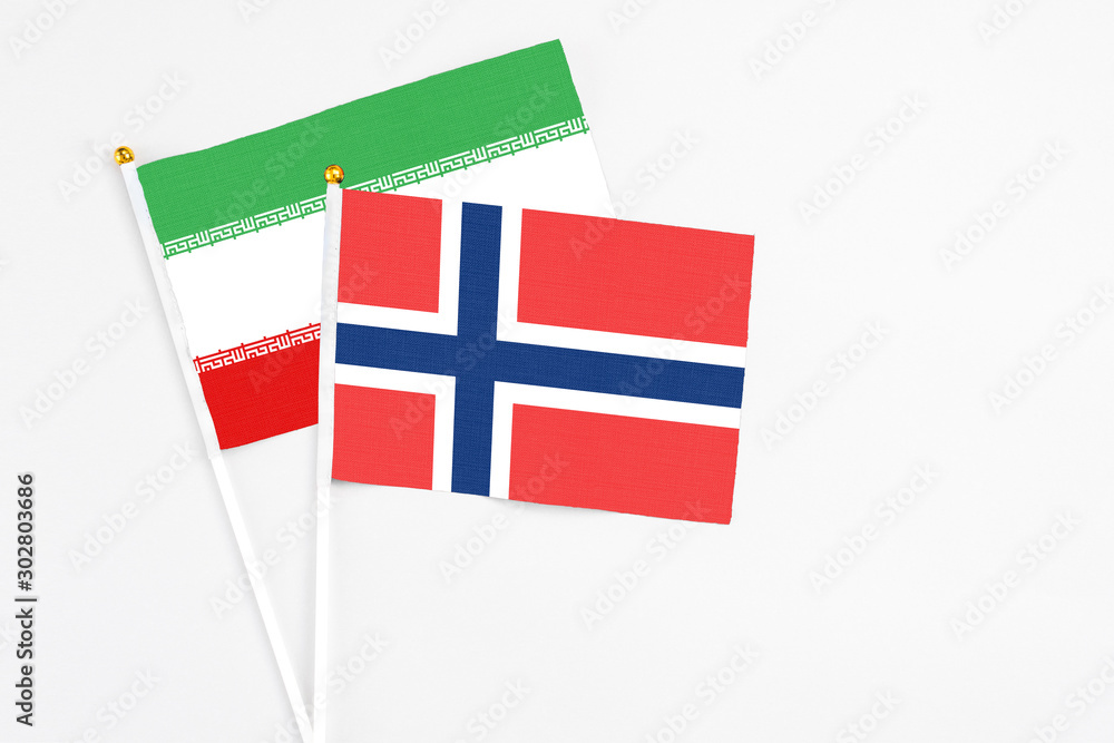 Norway and Iran stick flags on white background. High quality fabric, miniature national flag. Peaceful global concept.White floor for copy space.