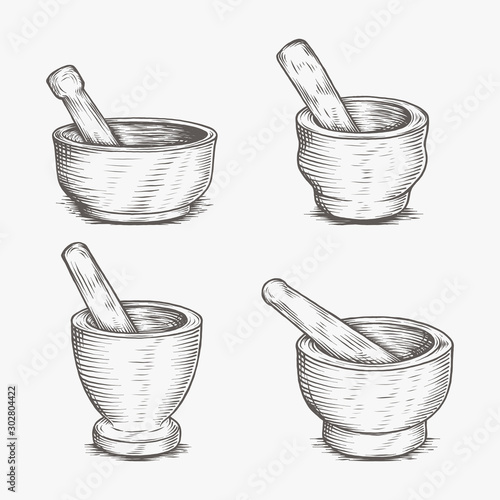 Mortar And Pestle Medical Pharmacy Hand Drawing Engraved photo