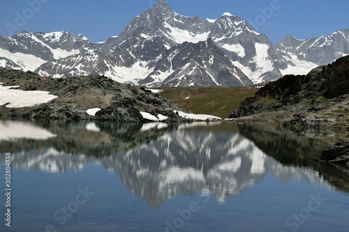 Mountains reflected in mirror like surface of a lake near Riffelsee, Switzerland