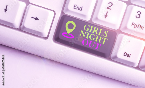 Text sign showing Girls Night Out. Business photo text Freedoms and free mentality to the girls in modern era White pc keyboard with empty note paper above white background key copy space photo