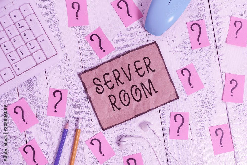 Conceptual hand writing showing Server Room. Concept meaning a room used to store power and operate computer servers Writing tools and scribbled paper on top of the wooden table Conceptual hand writing showing Server Room. Concept meaning a room used to store power and operate computer servers Writing tools and scribbled paper on top of the wooden table