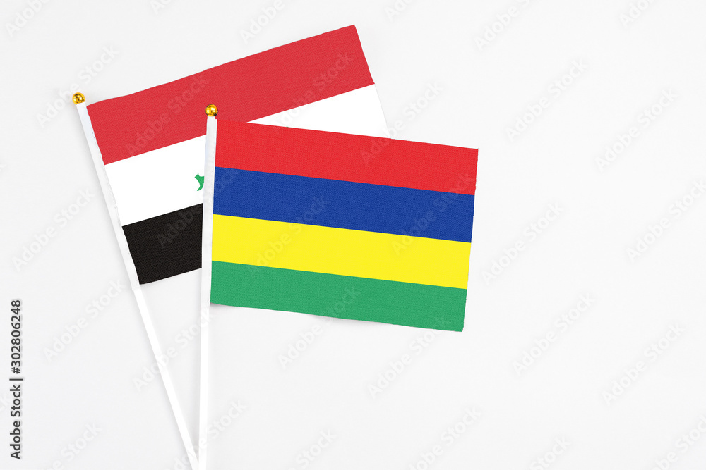 Mauritius and Iraq stick flags on white background. High quality fabric, miniature national flag. Peaceful global concept.White floor for copy space.