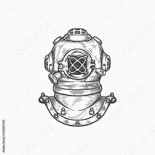 Hand drawing vintage diver helmet vector illustration