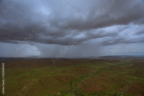 Aerial view from a helicopter of Wet Season thunderstorms near Warmu in the remote Kimberley region of Western Australia.