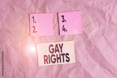 Word writing text Gay Rights. Business photo showcasing equal civil and social rights for homosexuals individuals Papercraft craft paper desk square spiral notebook office study supplies