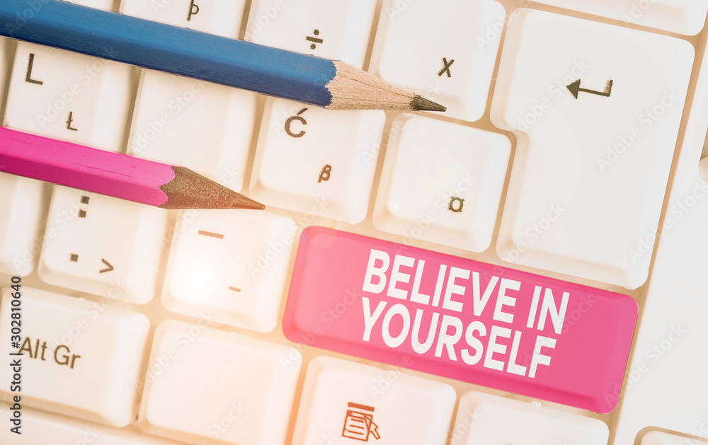 Text sign showing Believe In Yourself. Business photo text Encouraging someone Selfconfidence Motivation quote White pc keyboard with empty note paper above white background key copy space Text sign showing Believe In Yourself. Business photo text Encouraging someone Selfconfidence Motivation quote White pc keyboard with empty note paper above white background key copy space