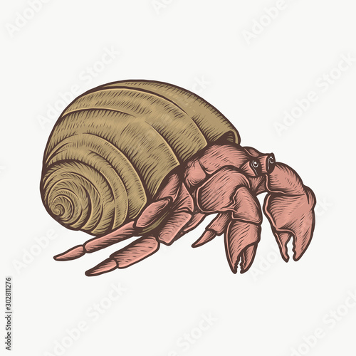 Photo Handdrawn vintage hermit crab vector illustration