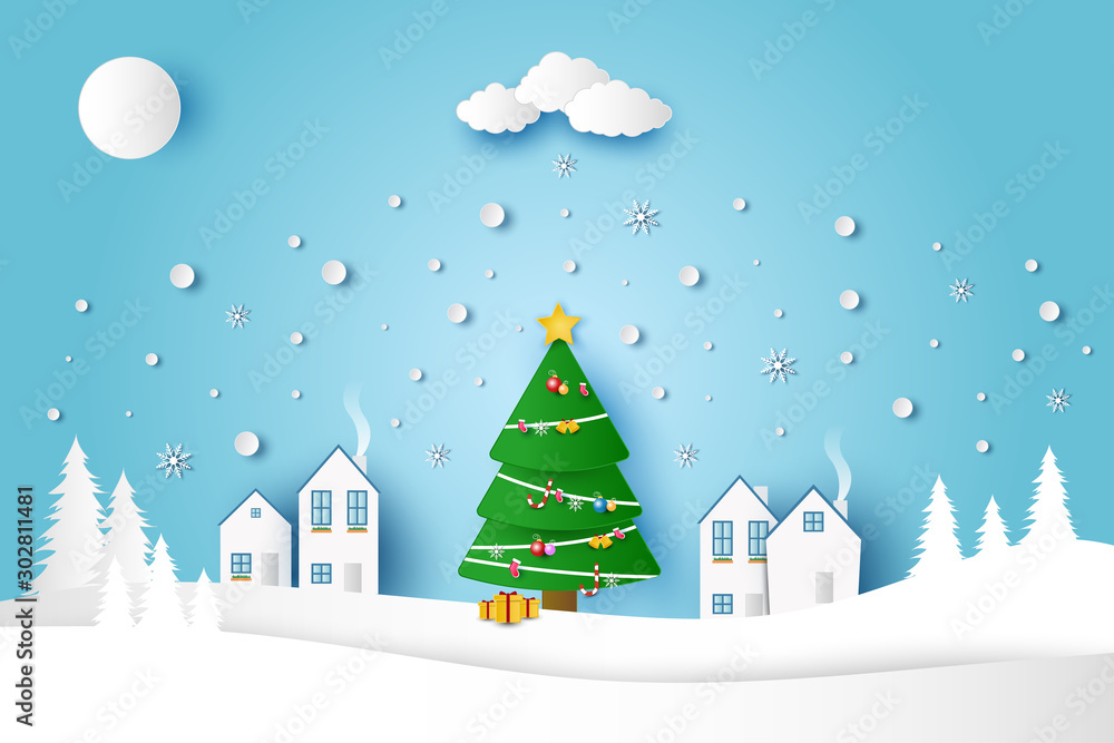 Winter landscape with houses and christmas trees. Design paper art style.